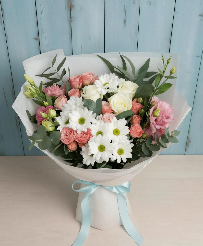 Букет цветов из: Розы, Лизиантусы и Хризантемы в Гребенской