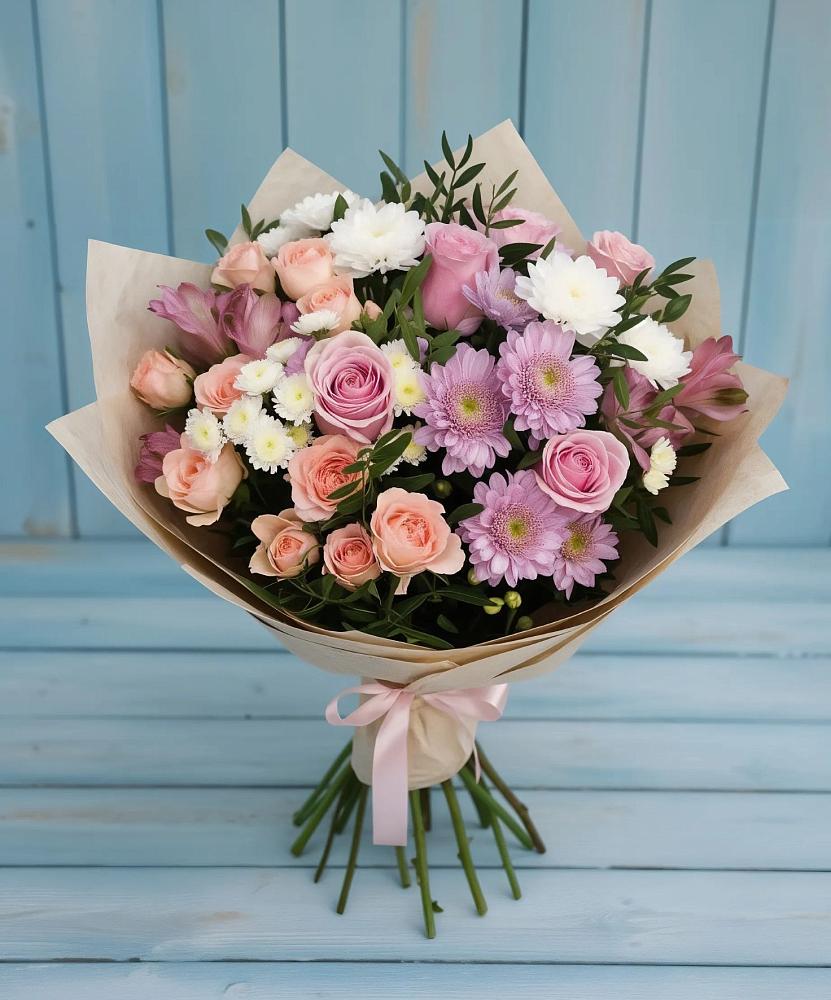 Букет цветов из: Хризантемы, Розы и Альстромерии в Гребенской