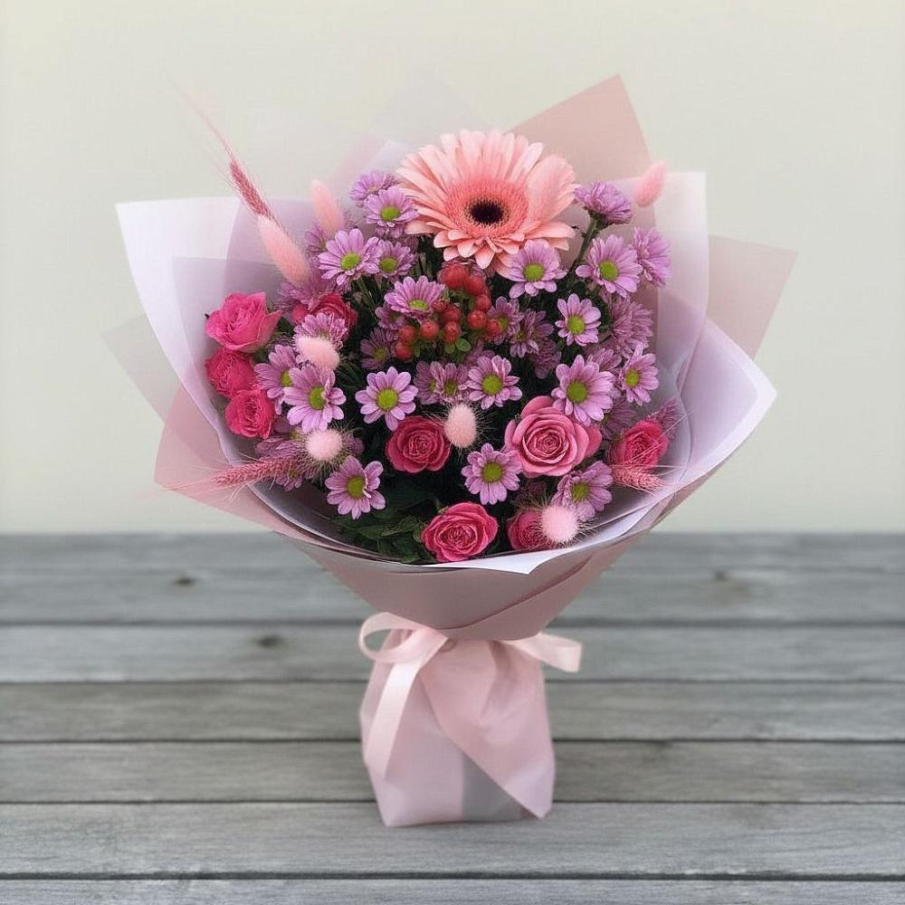 Букет цветов из: Розы, Герберы и Хризантемы в Гребенской