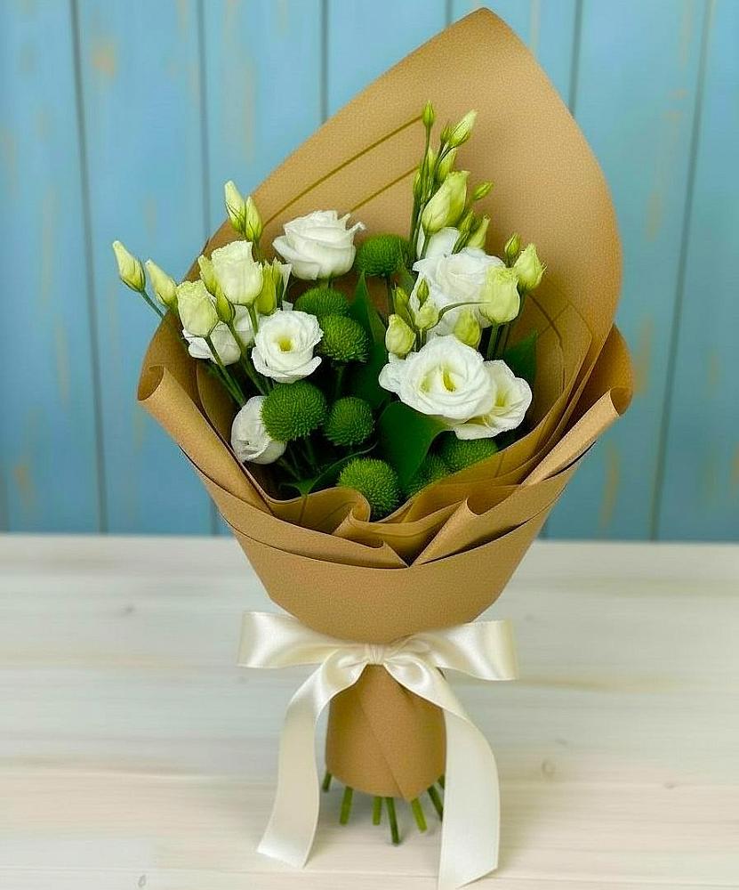 Букет цветов из: Хризантемы и Лизиантусы в Гребенской