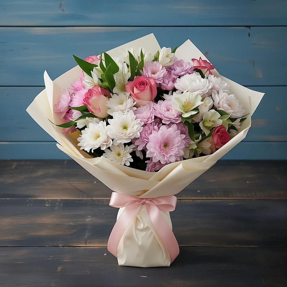 Букет цветов из: Хризантемы, Альстромерии и Розы в Гребенской